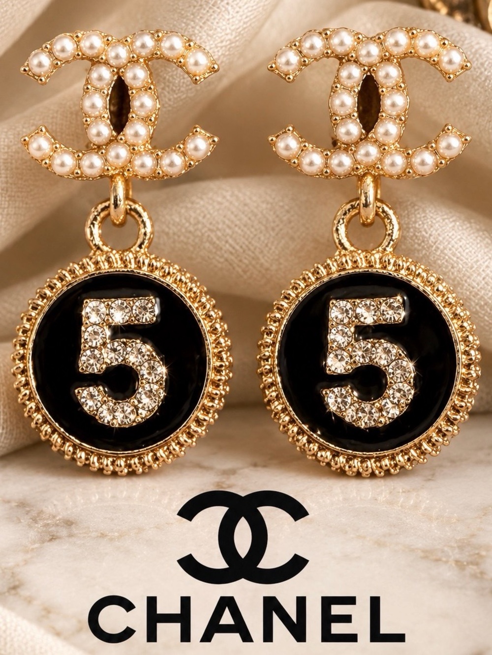 Chanel Inspired Pearl CC No 5 Earrings Black & Gold Crystal Medallion Drops